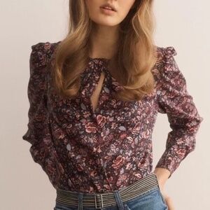 La Vie Rebecca Taylor Toile Fleur Floral Puff Sleeve Blouse M Keyhole Twist